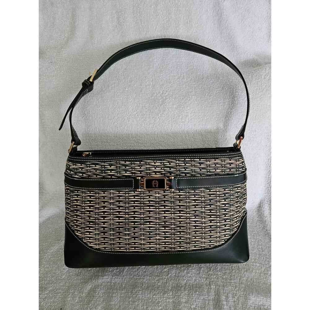 Etienne Aigner Vintage Jute and Black Leather Shoulder Bag